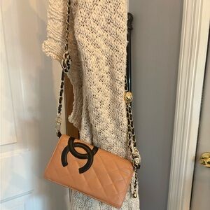 CHANEL Quilted Peach and Black Wallet WITH ADJUSTABLE CROSSBODY CHAIN INCLUDED